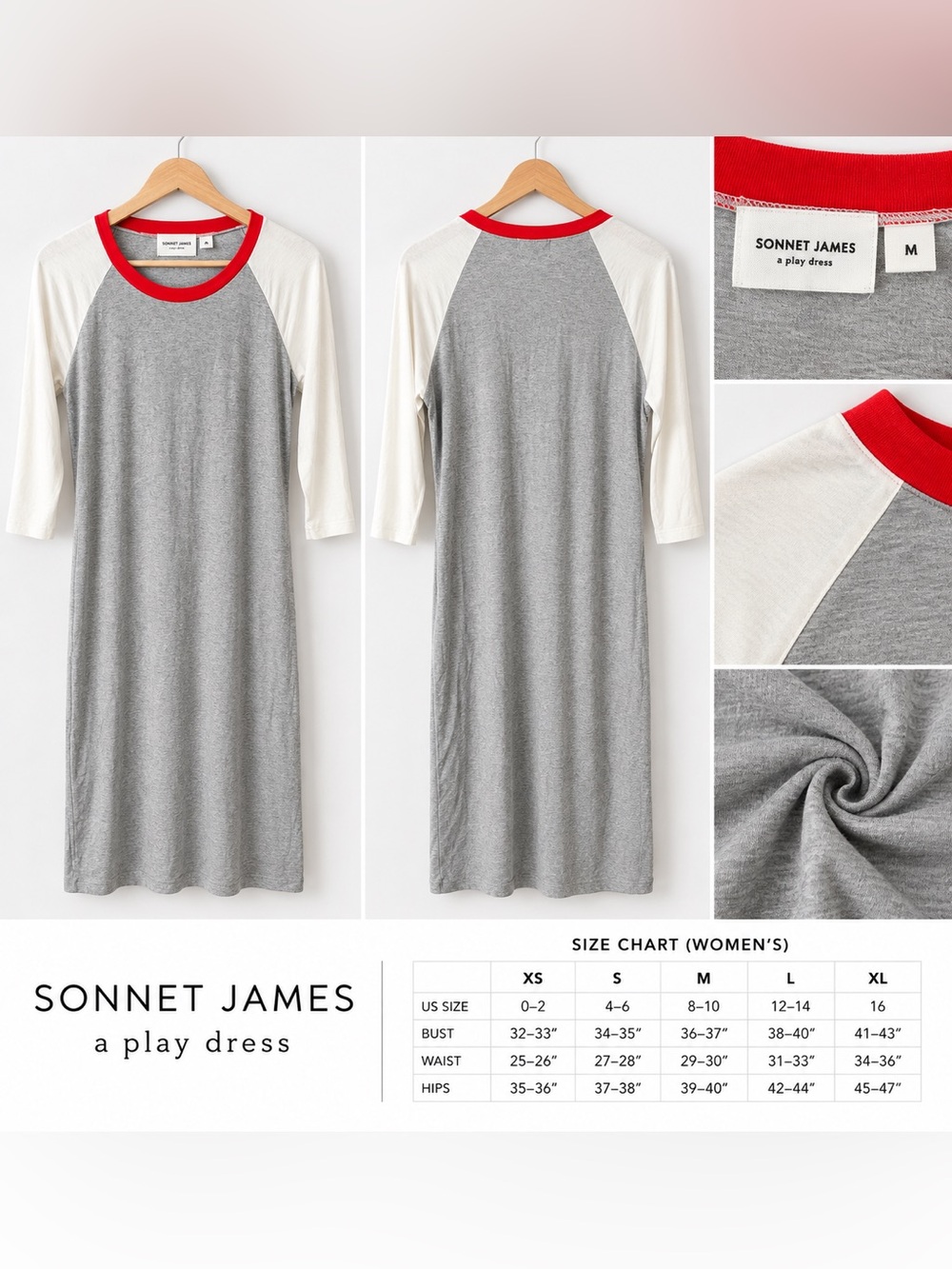 Sonnet James A Play Dress Gray White Red Raglan Midi Dress Size M